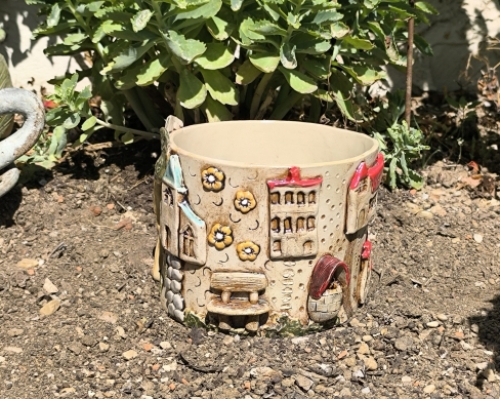 Mediterraner Blumenübertopf "Toska-E" mit Häusern, Brunnen, Bäumen und vielen Details