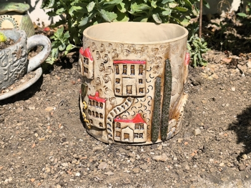Übertopf "Toska-G" mit Häusern, Zypressen und vielen Details, perfekt für mediterrane Kräuter